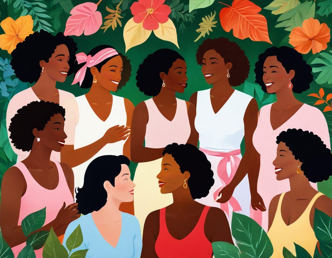 A diverse group of women engaged in a lively conversation, depicting various ages and ethnicities, surrounded by elements symbolizing women's health, such as leaves, flowers, and breast health awareness ribbons. Soft, warm lighting to create an inviting atmosphere, with a backdrop of a peaceful nature scene. super-realistic. vibrant colors.