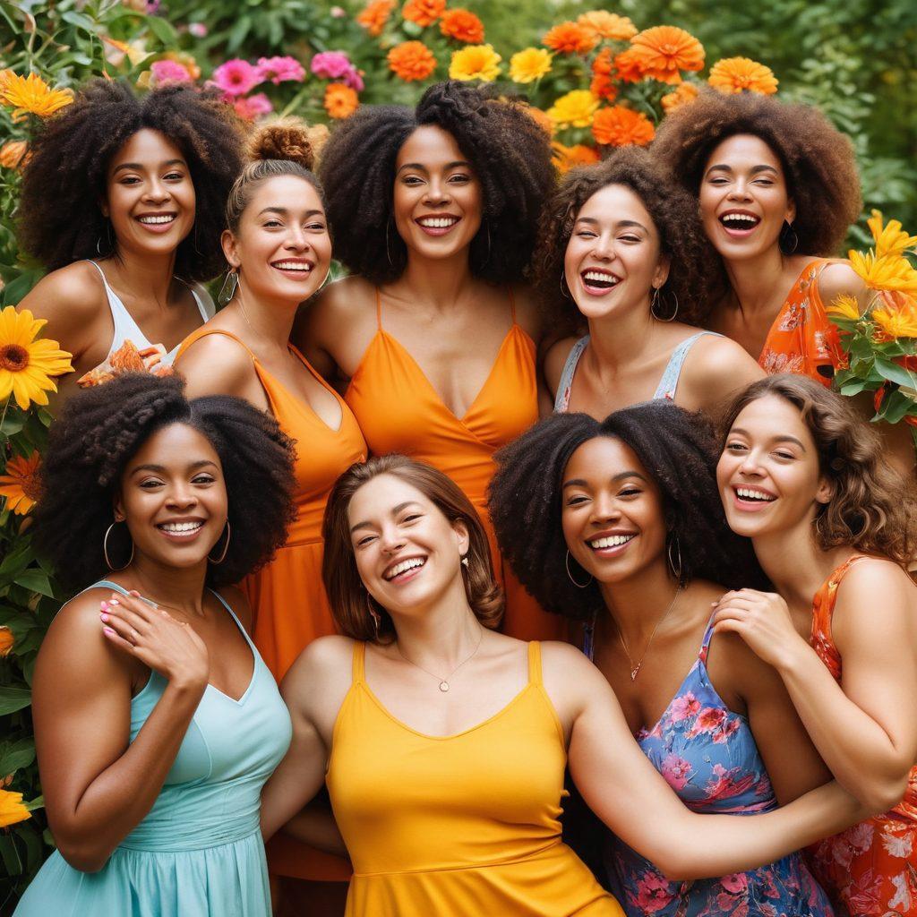 A diverse group of women joyfully celebrating their bodies in a colorful outdoor setting, showcasing a variety of body types, skin tones, and age groups. Incorporate elements of nature, such as blooming flowers and sunshine to symbolize growth and positivity. Women are depicted in playful, confident poses, embracing their unique anatomical features. The atmosphere is filled with vibrant energy and warmth, conveying a strong sense of empowerment. bright colors. super-realistic.