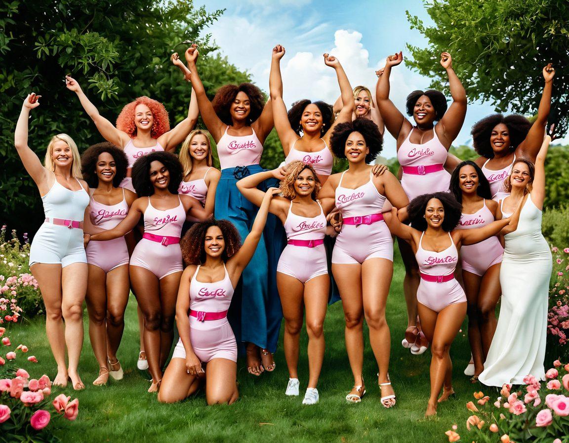 An empowering illustration of diverse women of different shapes and sizes joyfully celebrating their bodies, surrounded by symbols of breast health like pink ribbons and flowers. The women are shown engaging in confident poses in a lively outdoor setting, symbolizing inclusivity and self-love. Bright, uplifting colors dominate the scene to evoke positivity and warmth. super-realistic. vibrant colors. nature backdrop.